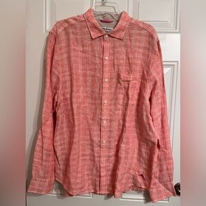 Tommy Bahama 100% Linen Shirt Men L Long Sleeve Ventana Plaid Aztec Orange Pink